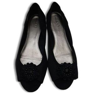 NINE & Co. Peep-Toe Ballet Flats Slip-On Flower Gem Detail Shoes Black Sz 10 M